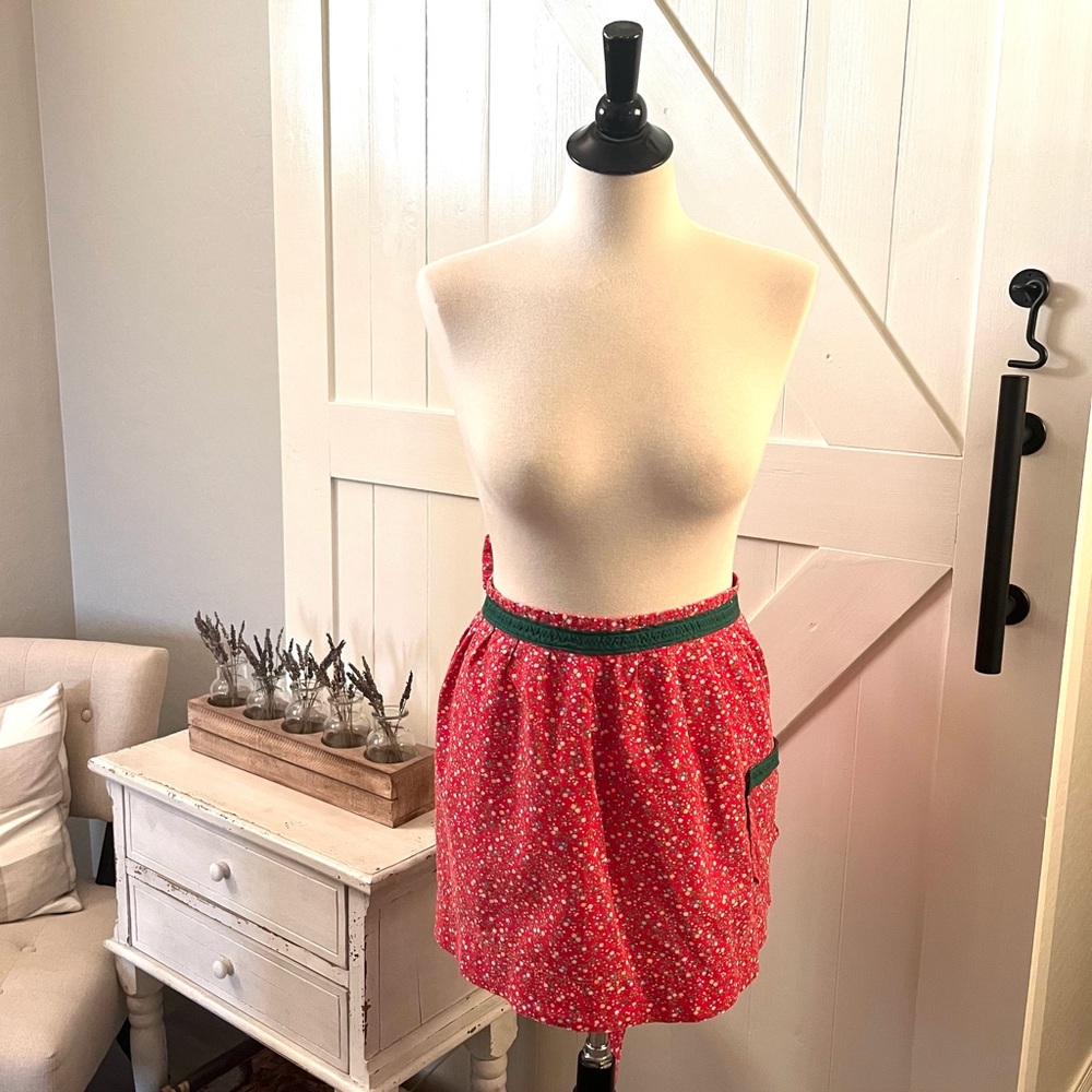 Vintage Floral Half Apron Everyday Red Green Prairie Homemaker